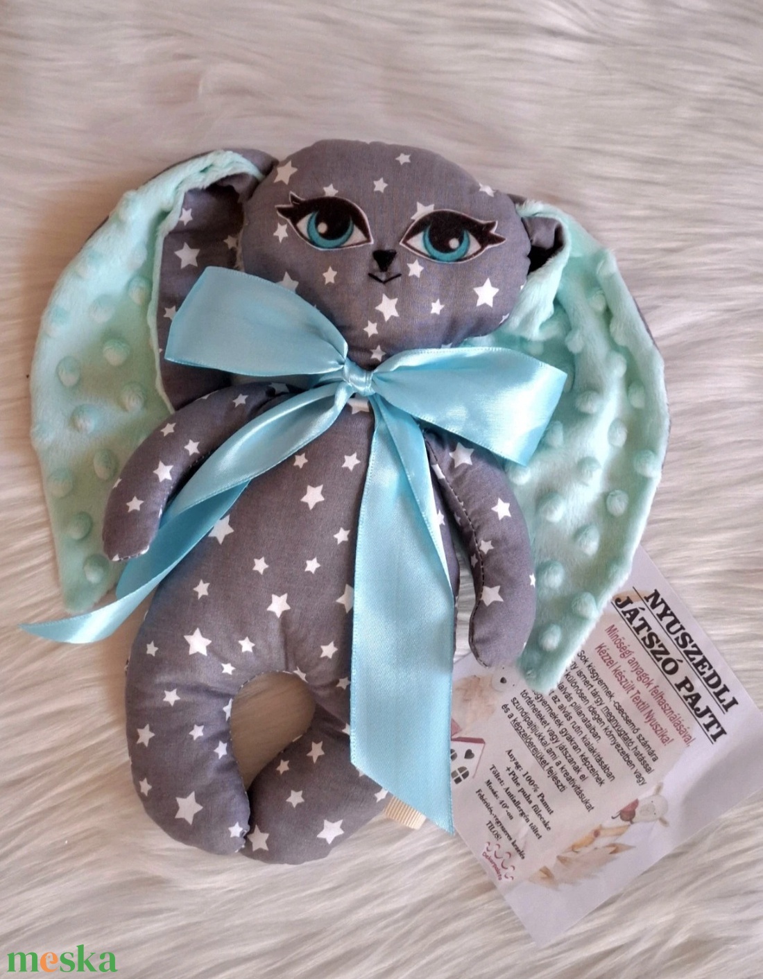 Nyuszedli játszópajti szürke csillagos - baba - mama - baba játékok - szundikendő, alvóka - Meska.hu