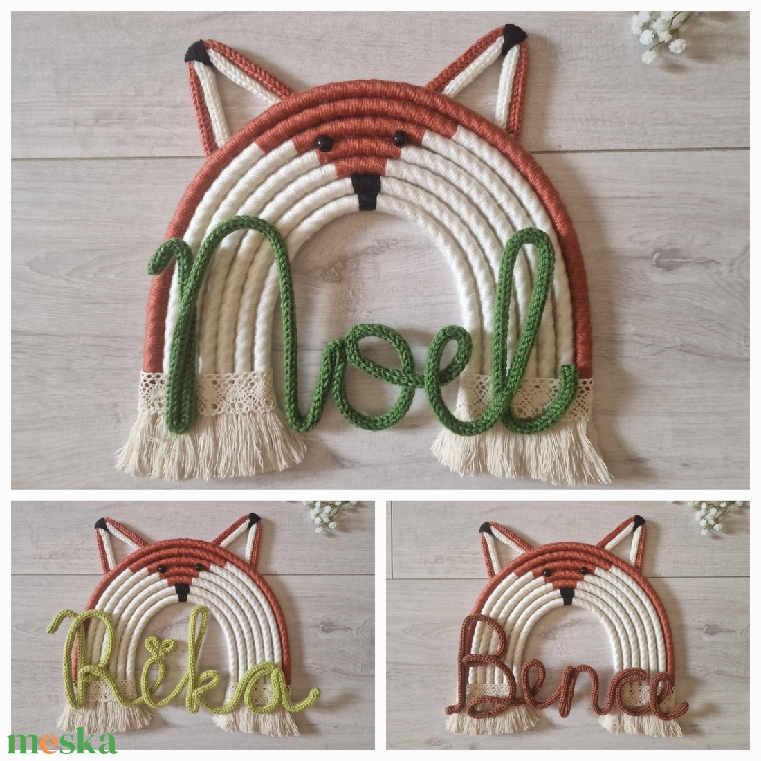Róka  makramé szivárvány falidísz névvelL - otthon & életmód - babaszoba, gyerekszoba - babaszoba dekoráció - Meska.hu