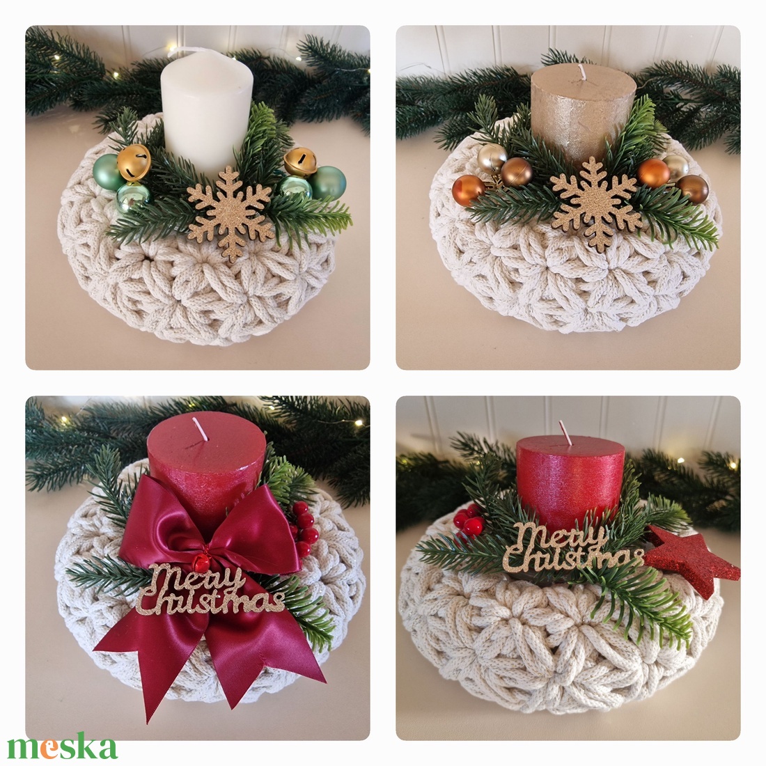  Horgolt adventi koszorú bézs csillogós színben - karácsony - adventi díszek - adventi koszorú - Meska.hu