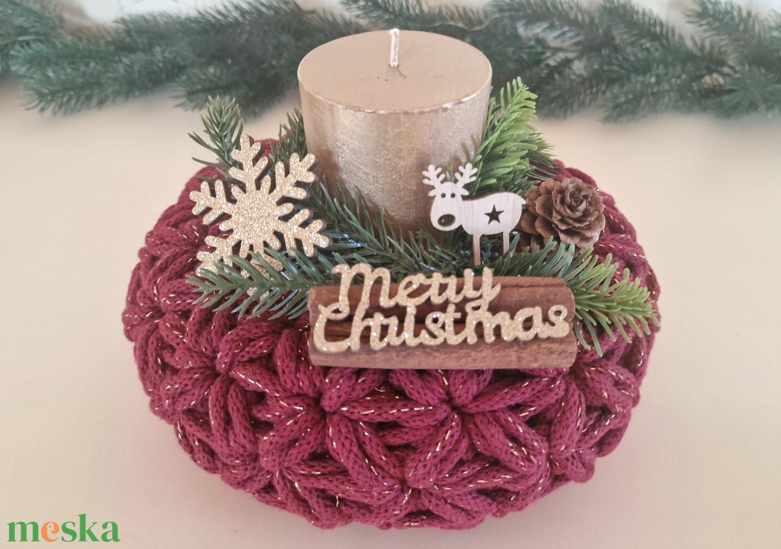  Horgolt adventi koszorú bordó csillogós színben - karácsony - adventi díszek - adventi koszorú - Meska.hu