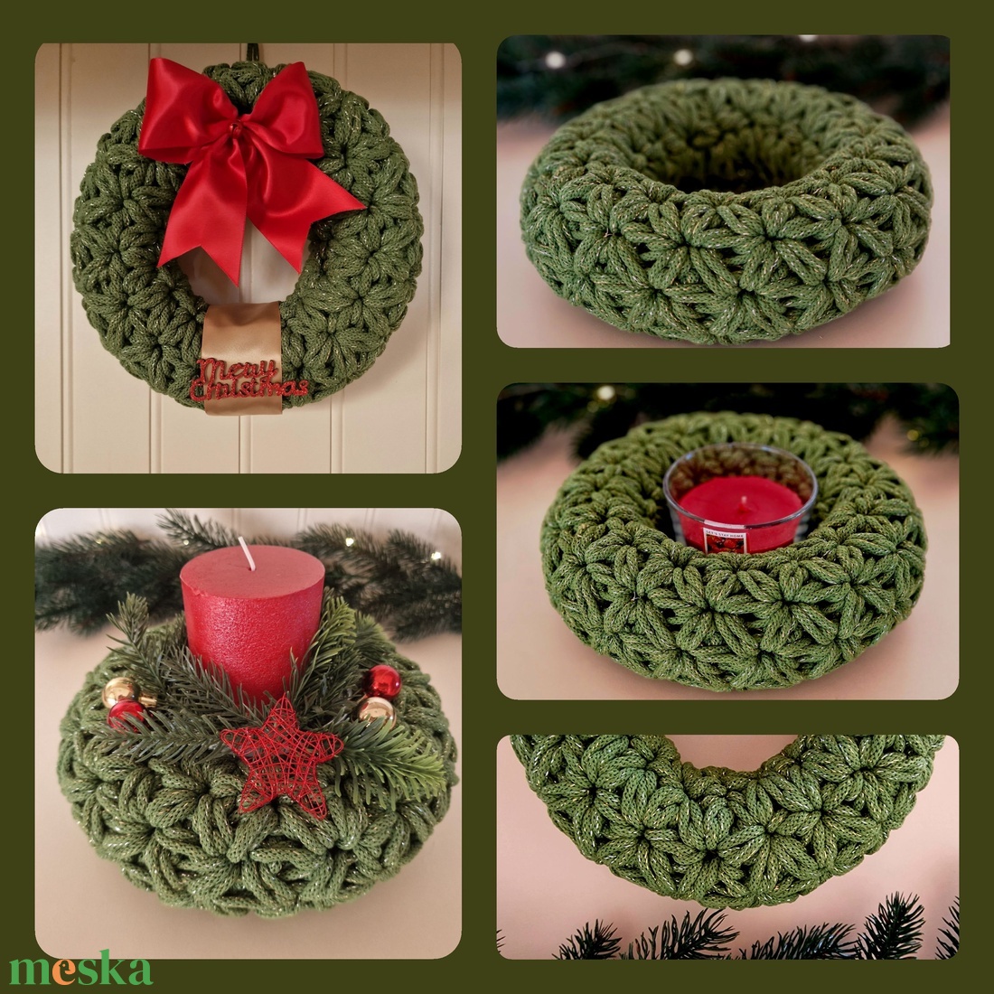  Horgolt koszorú mohazöld csillogós színbenn - karácsony - adventi díszek - adventi koszorú - Meska.hu