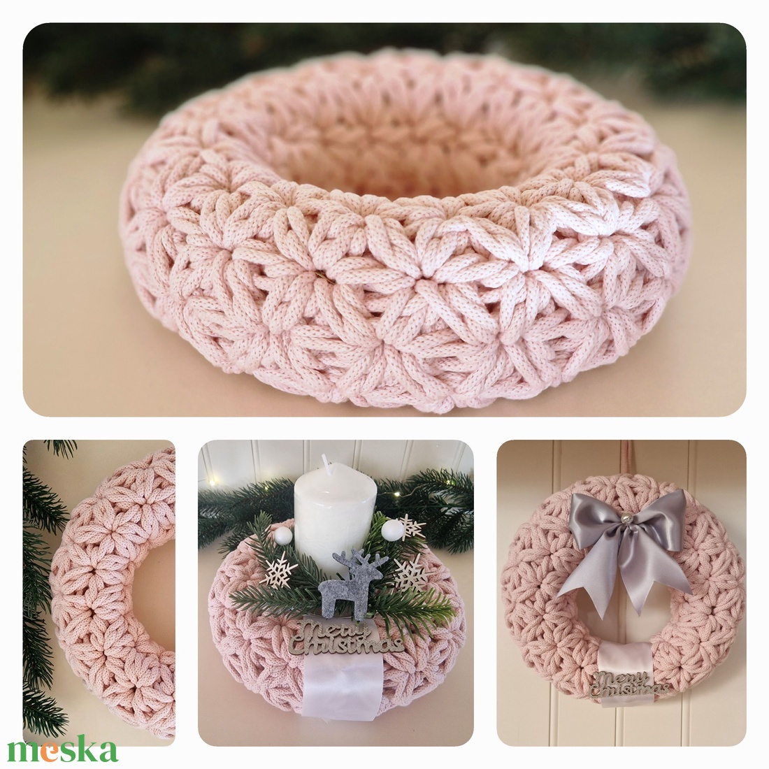  Horgolt  koszorú púder színben - karácsony - adventi díszek - adventi koszorú - Meska.hu