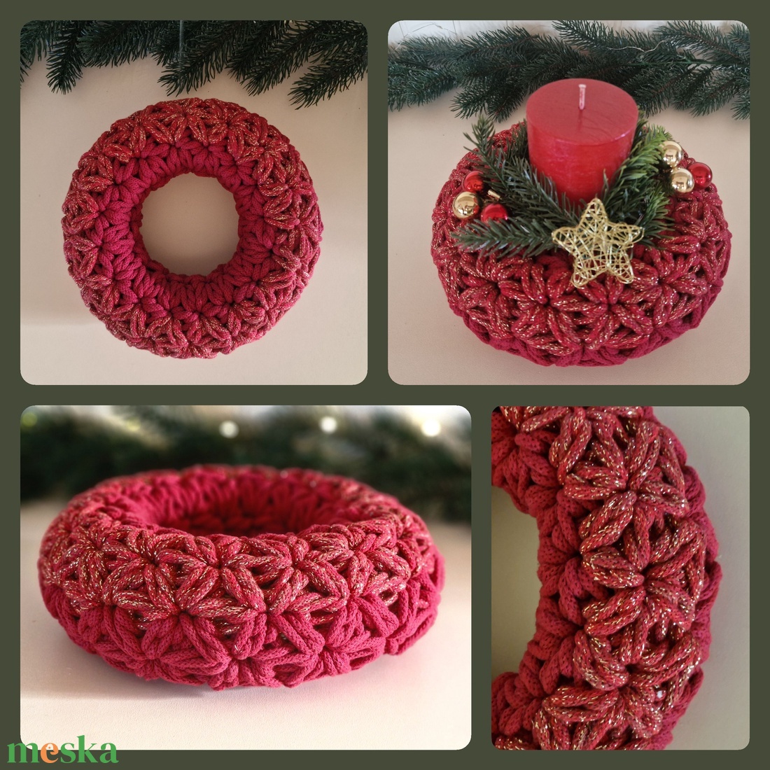  Horgolt koszorú piros csillogós színbenn - karácsony - adventi díszek - adventi koszorú - Meska.hu