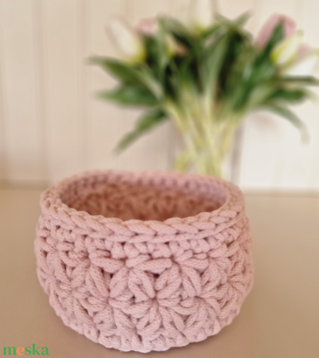 Horgolt jázmin mintás kosár - otthon & életmód - tárolás & rendszerezés - tárolókosár - Meska.hu