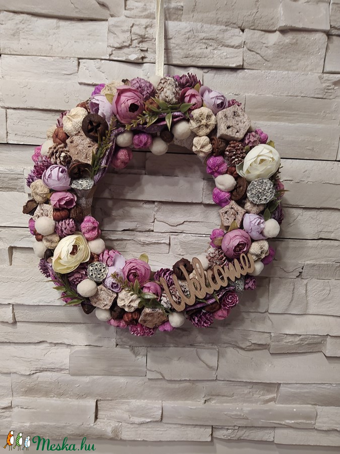 Őszi pasztell rózsaszínes-barnás kopogtató /25 cm alap/  - otthon & életmód - dekoráció - Meska.hu