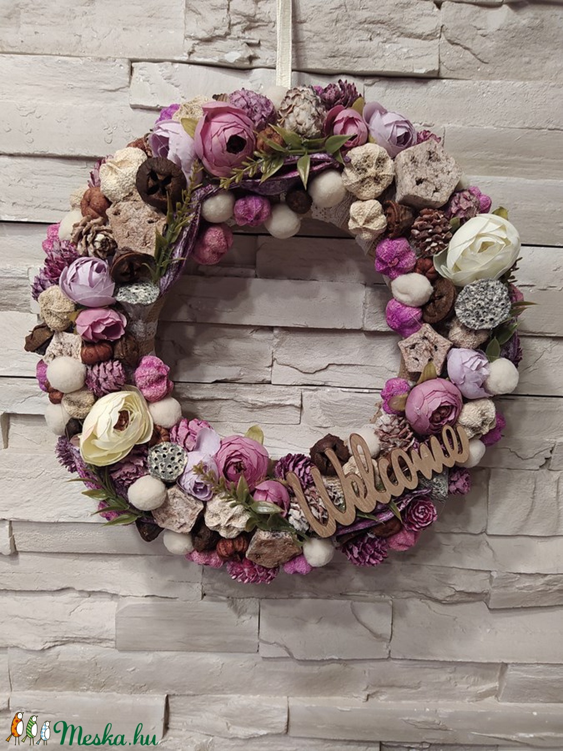 Őszi pasztell rózsaszínes-barnás kopogtató /25 cm alap/  - otthon & életmód - dekoráció - Meska.hu