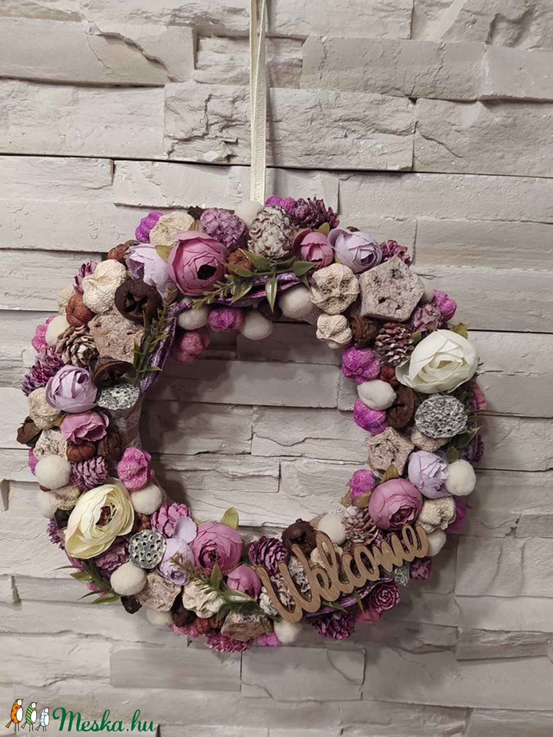 Őszi pasztell rózsaszínes-barnás kopogtató /25 cm alap/  - otthon & életmód - dekoráció - Meska.hu