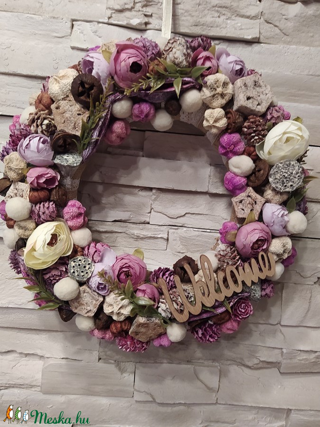 Őszi pasztell rózsaszínes-barnás kopogtató /25 cm alap/  - otthon & életmód - dekoráció - Meska.hu