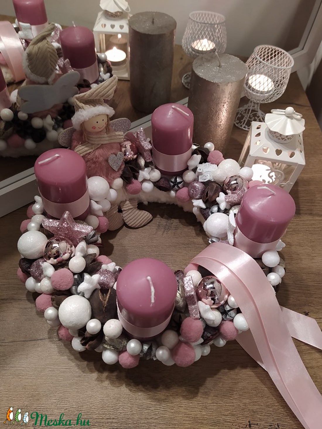 Adventi koszorú pasztell mályva színvilágban kb 28cm - karácsony - Meska.hu