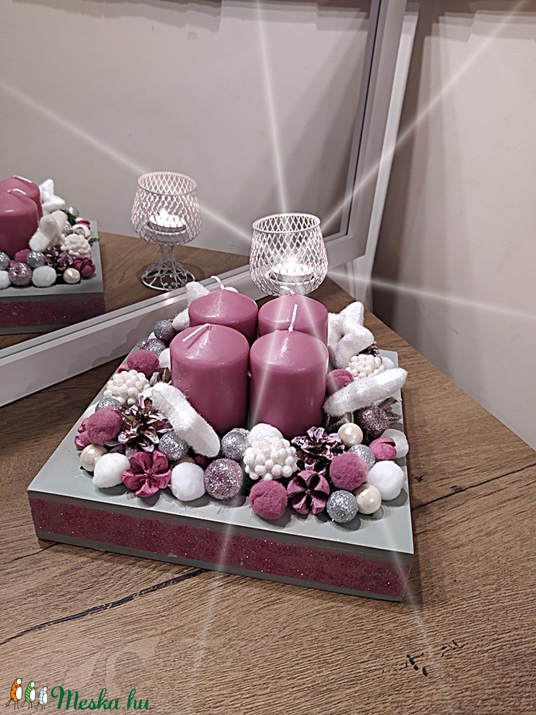 Karácsonyi asztali dekoráció 4 gyertyával, pasztell mályva színben   - karácsony - karácsonyi lakásdekoráció - Meska.hu