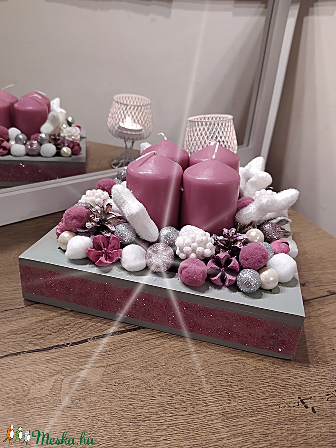Karácsonyi asztali dekoráció 4 gyertyával, pasztell mályva színben   - karácsony - karácsonyi lakásdekoráció - Meska.hu