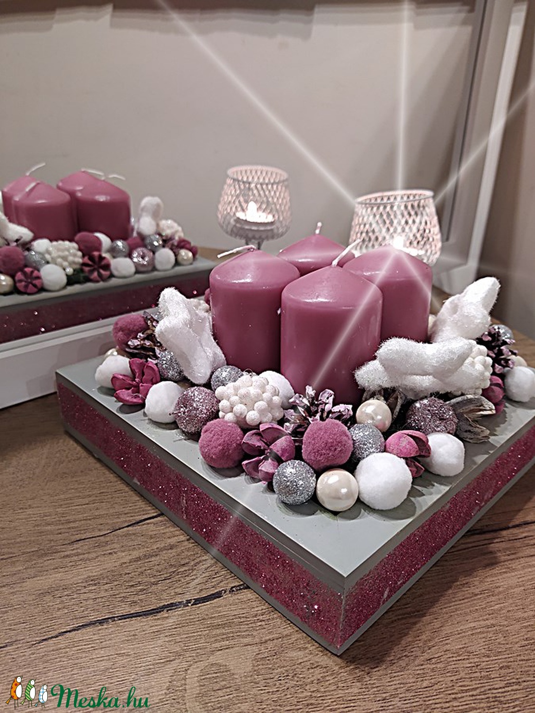 Karácsonyi asztali dekoráció 4 gyertyával, pasztell mályva színben   - karácsony - karácsonyi lakásdekoráció - Meska.hu