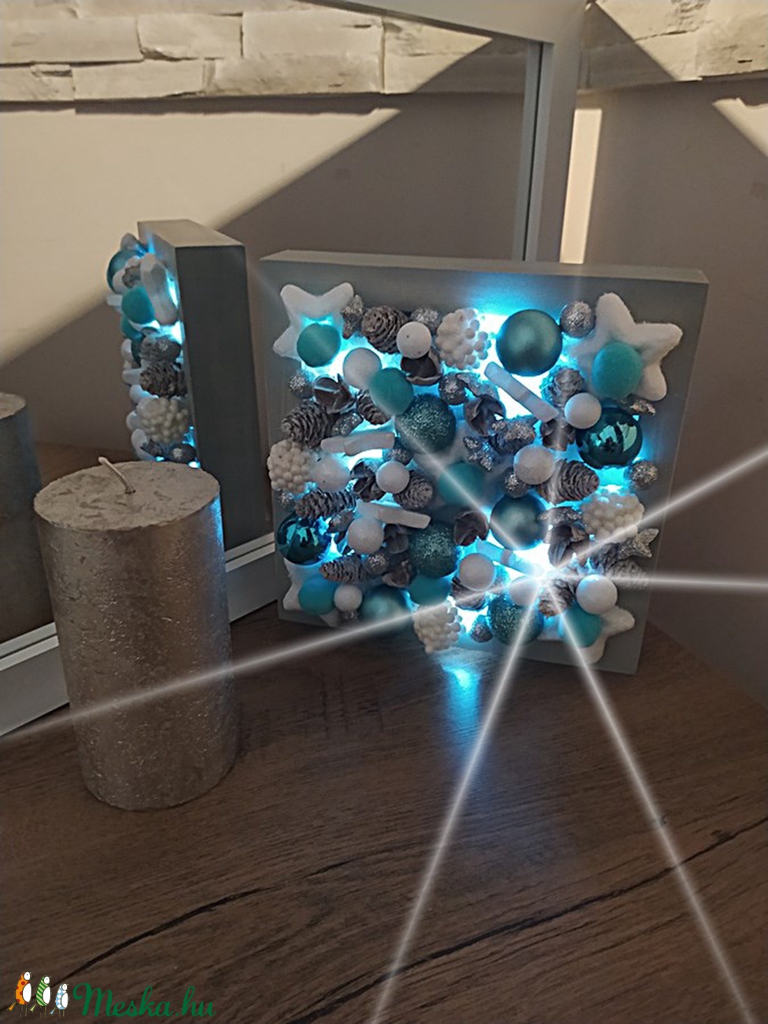 Karácsonyi asztali vagy fali dekoráció 3D-s led világítással kék-ezüst-fehér - karácsony - karácsonyi lakásdekoráció - Meska.hu