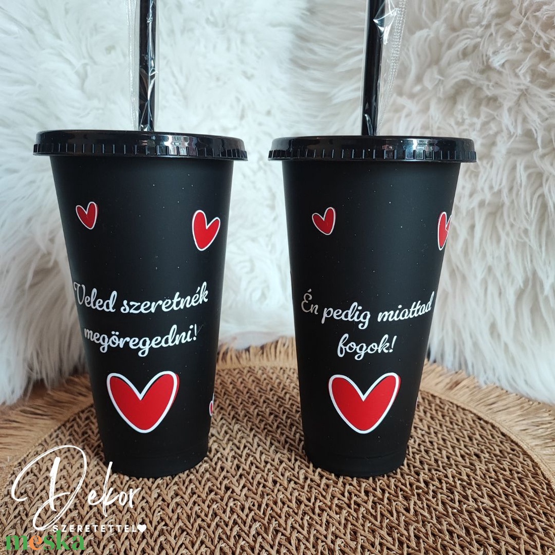 Páros szerelmes pohár szett fedővel és szívószállal - 710 ml - valentin-napra, évfordulóra, szülinapra - esküvő - emlék & ajándék - nászajándék - esküvői pohár, pohárszett - Meska.hu