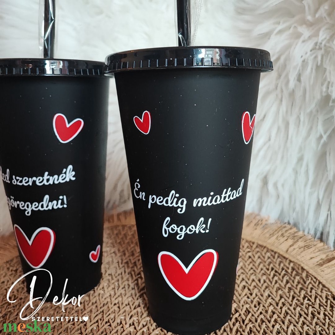 Páros szerelmes pohár szett fedővel és szívószállal - 710 ml - valentin-napra, évfordulóra, szülinapra - esküvő - emlék & ajándék - nászajándék - esküvői pohár, pohárszett - Meska.hu