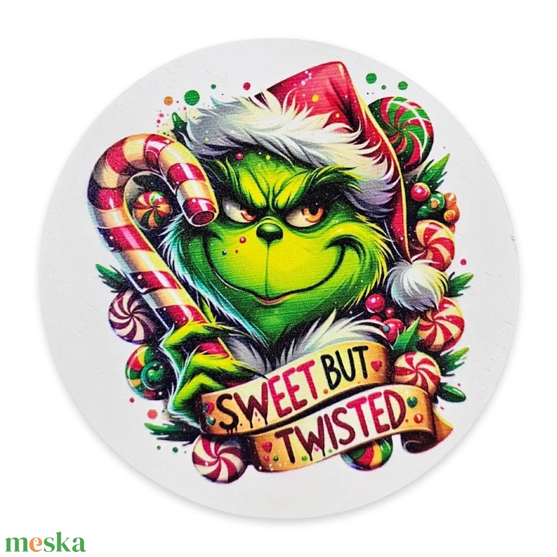 Nyomtatott fa tábla koszorú közép - Cukros grinch  - kellékek & szerszámok - dekorációs kellékek - koszorú, koszorúalap - Meska.hu