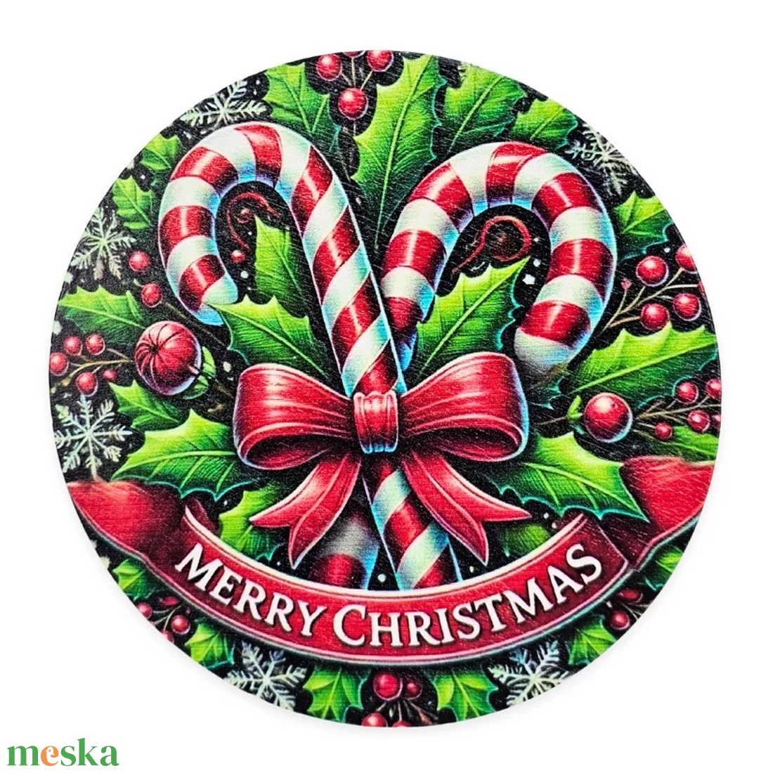 Nyomtatott fa tábla koszorú közép - Cukorpálcás Merry Christmas - kellékek & szerszámok - dekorációs kellékek - koszorú, koszorúalap - Meska.hu