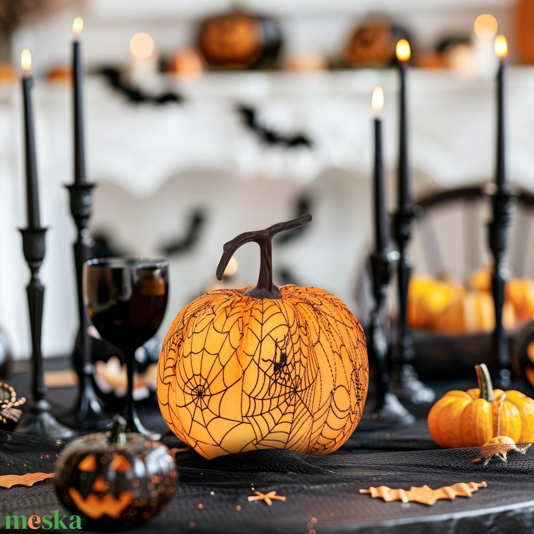 Halloween-i tök dekoráció - 16,5 cm - narancs, pókhálós - habszivacs - otthon & életmód - dekoráció - halloween - halloweeni dekoráció - Meska.hu