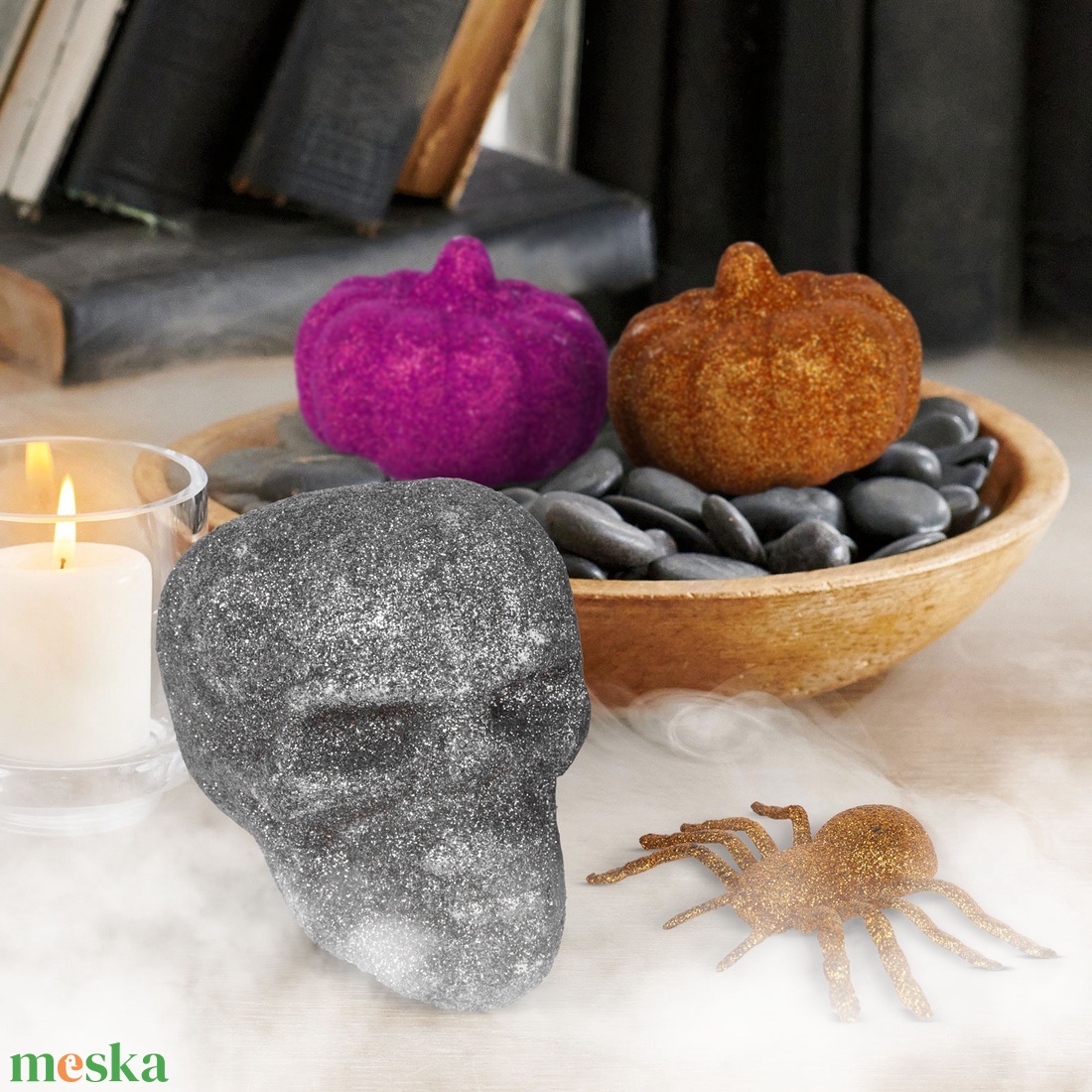 Halloween-i dekoráció szett - pók, koponya, 2 db tök - glitteres - otthon & életmód - dekoráció - halloween - halloweeni figurák - Meska.hu Halloween-i dekoráció szett - pók, koponya, 2 db tök - glitteres - otthon & életmód - dekoráció - halloween - halloweeni figurák - Meska.hu