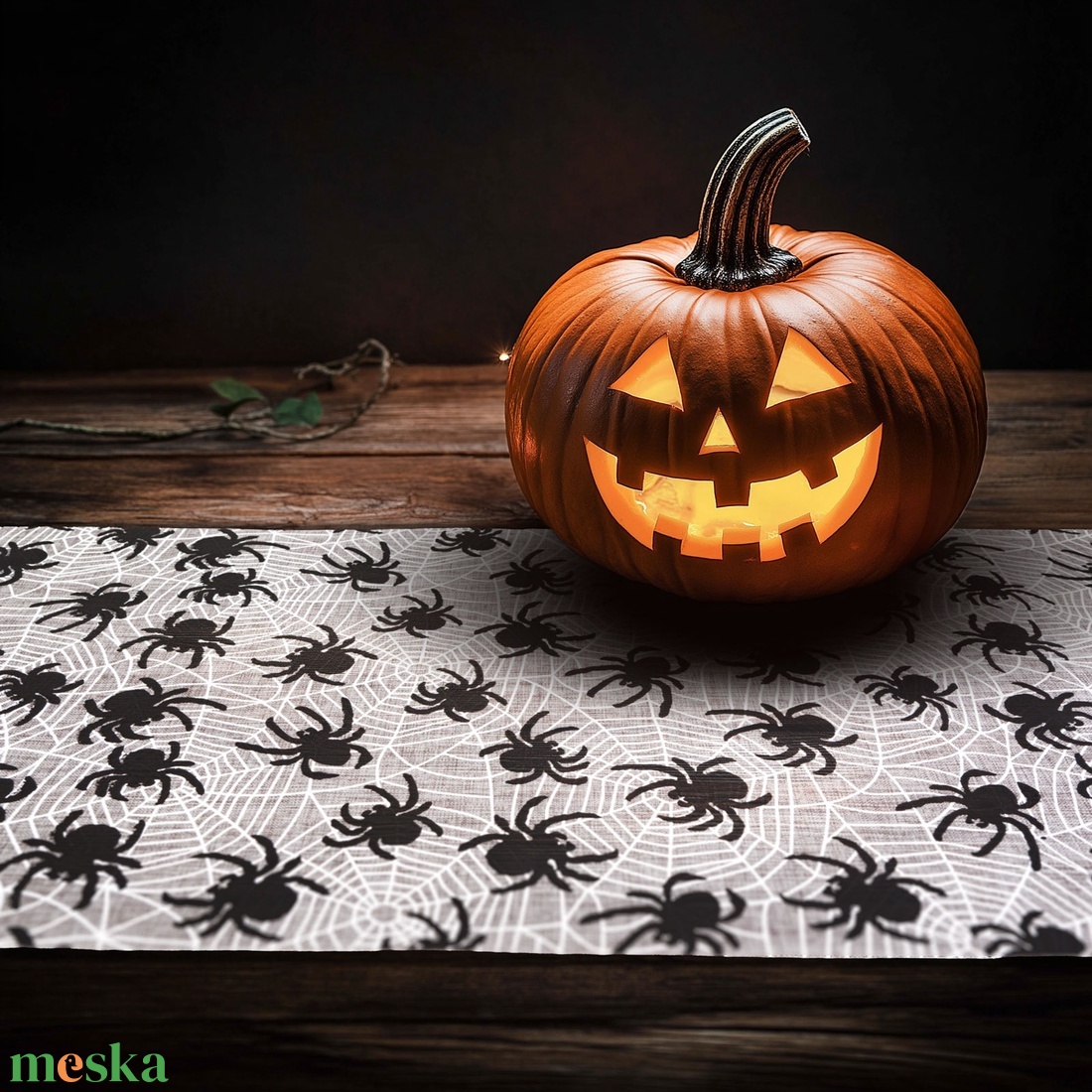 Asztalterítő futó - halloween-i motívumokkal - 180 x 28 cm pókos szürke - otthon & életmód - dekoráció - halloween - halloweeni asztaldísz - Meska.hu
