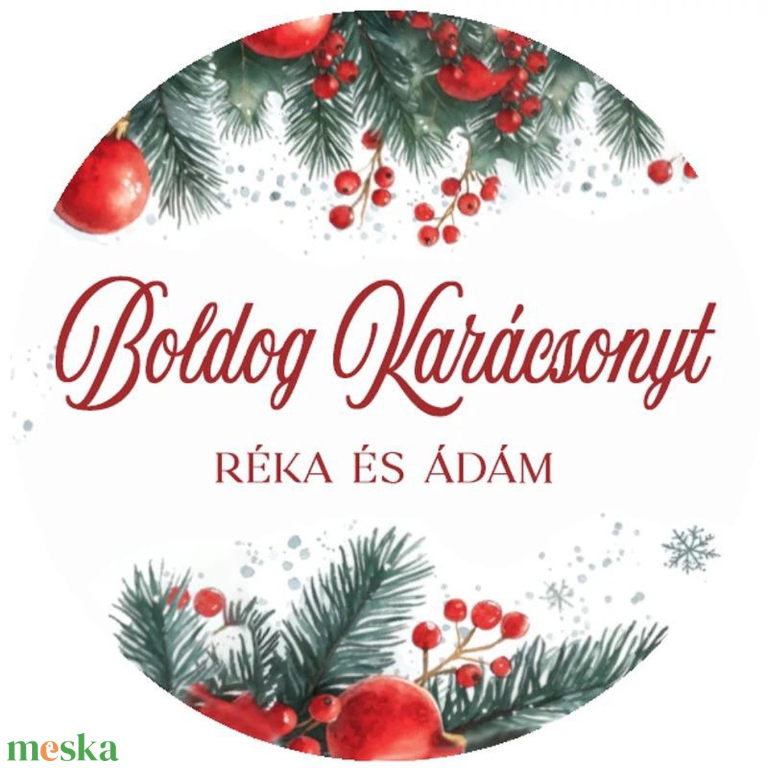 Karácsonyi matrica - Egyedi szöveggel ellátott személyre szabott- piros díszgömbös (Egyedi karácsonyi ajándékok) - karácsony - karácsonyi ajándékozás - karácsonyi képeslap, üdvözlőlap, ajándékkísérő - Meska.hu