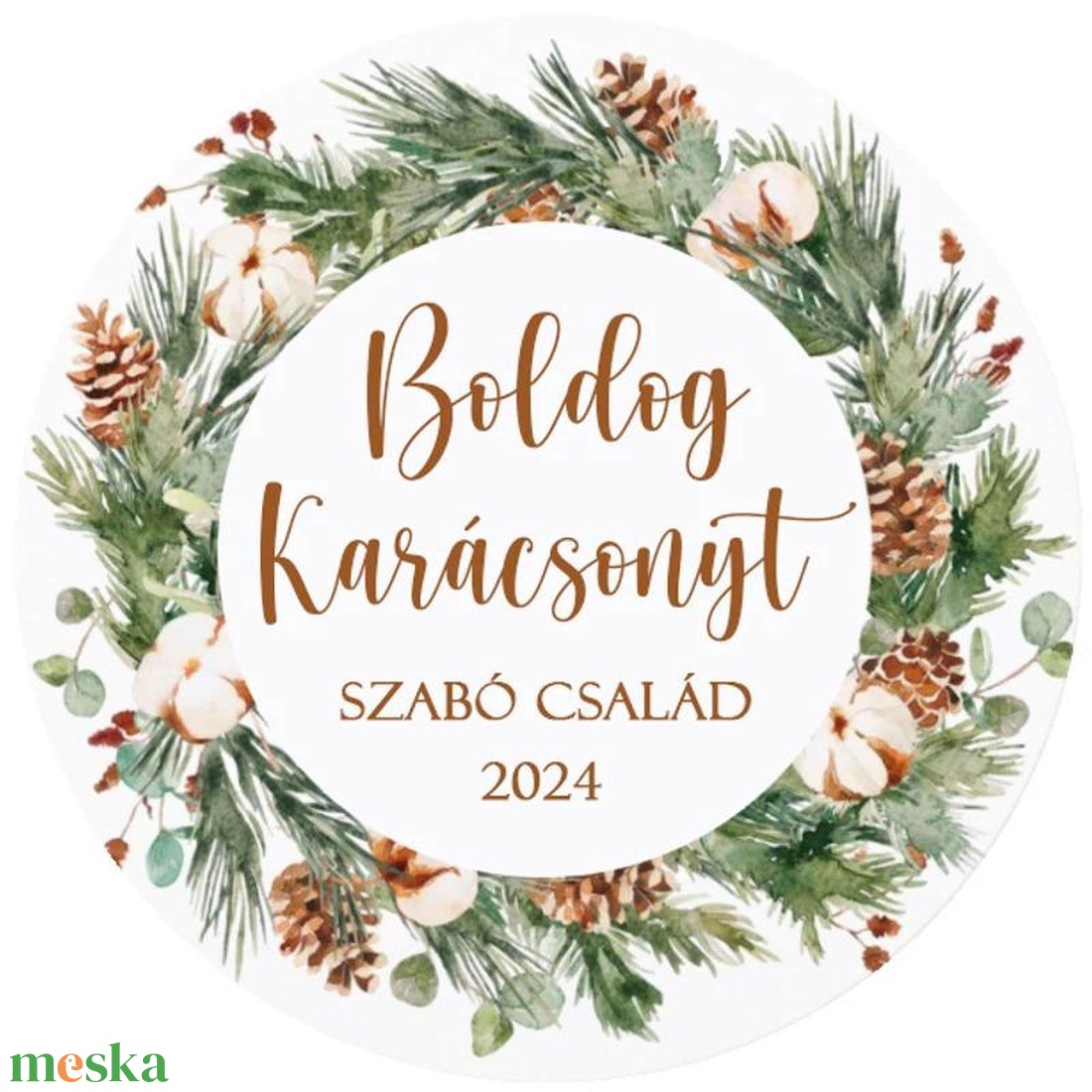 Karácsonyi matrica - Egyedi szöveggel ellátott személyre szabott- zöld koszorú (Egyedi karácsonyi ajándékok) - karácsony - karácsonyi ajándékozás - karácsonyi képeslap, üdvözlőlap, ajándékkísérő - Meska.hu