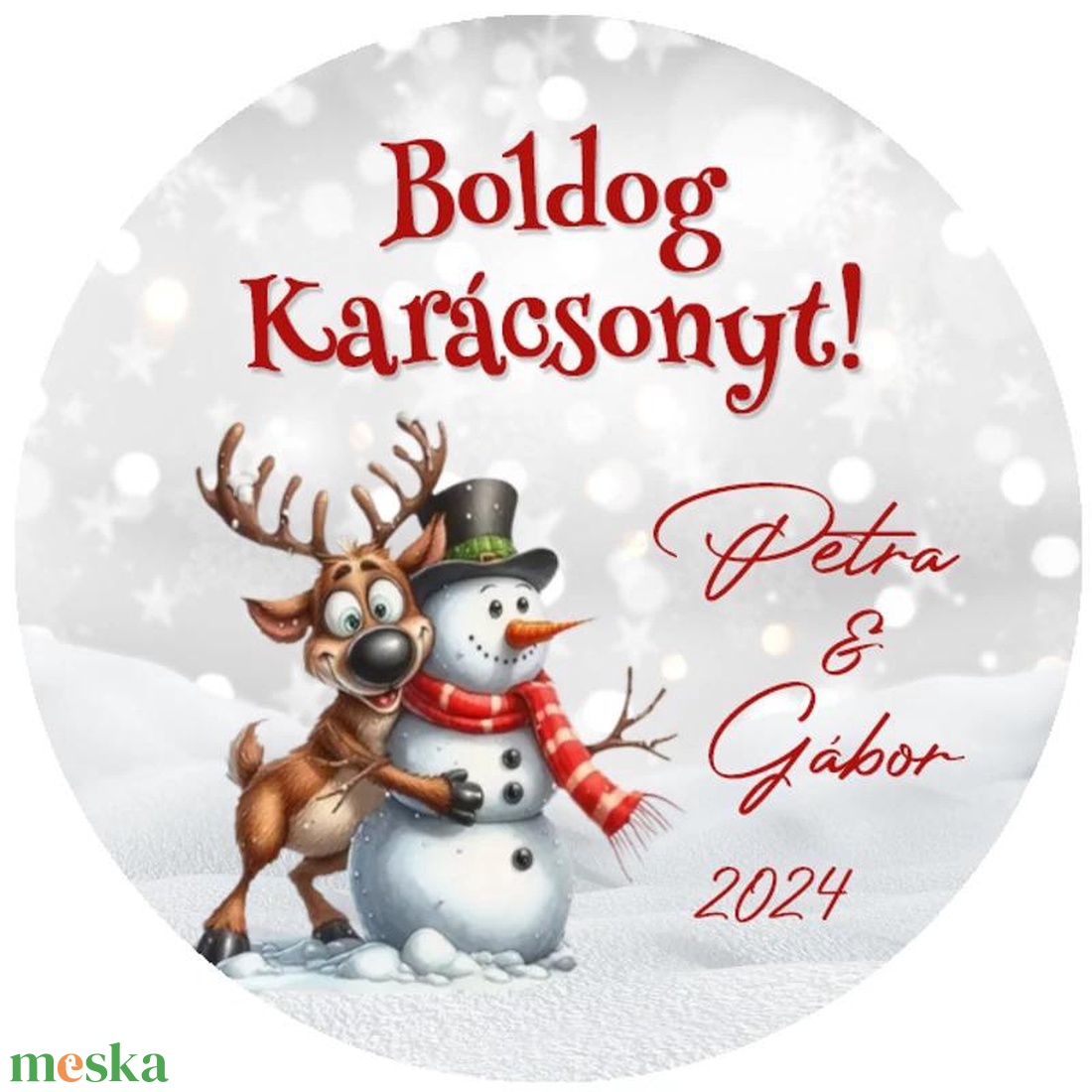 Karácsonyi matrica - Egyedi szöveggel ellátott személyre szabott- szarvas hóemberrel (Egyedi karácsonyi ajándékok) - karácsony - karácsonyi ajándékozás - karácsonyi képeslap, üdvözlőlap, ajándékkísérő - Meska.hu
