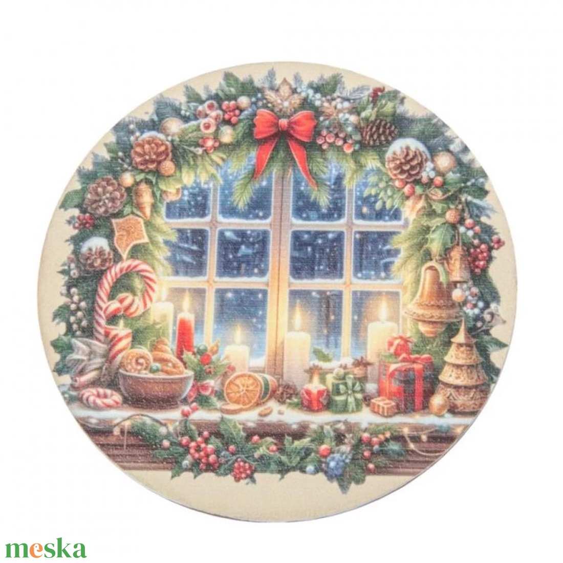 Nyomtatott fa tábla koszorú közép Karácsonyi ablak mintával 11,8cm (KARÁCSONY) - kellékek & szerszámok - hobby fa alapanyag - fakorong - Meska.hu