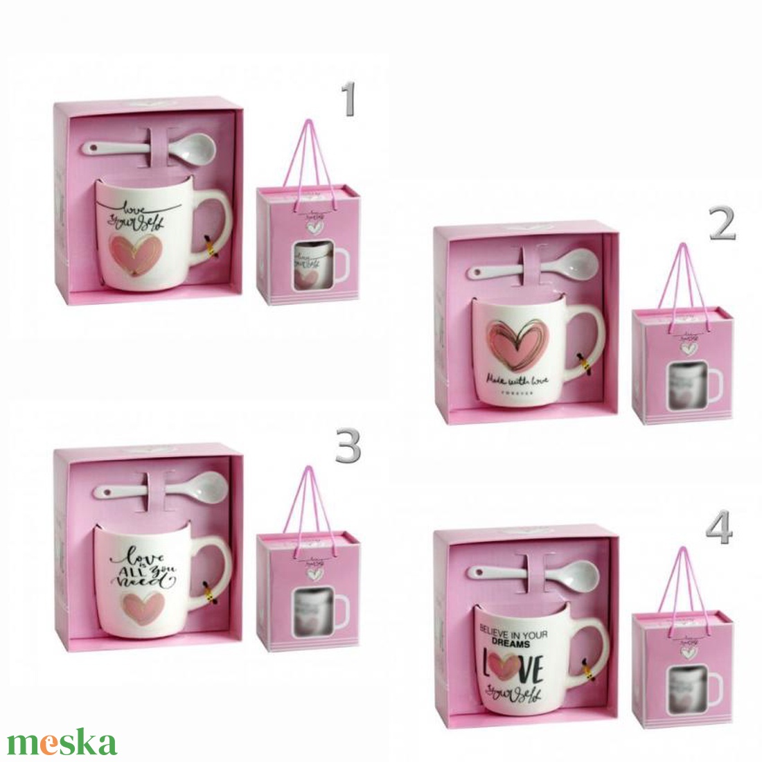 Bögre +kiskanál rózsaszín szív 2dl dísztasakban 4 féle (Valentin napi ajándékok) - otthon & életmód - konyhafelszerelés, tálalás - tálalás - bögre & csésze - Meska.hu