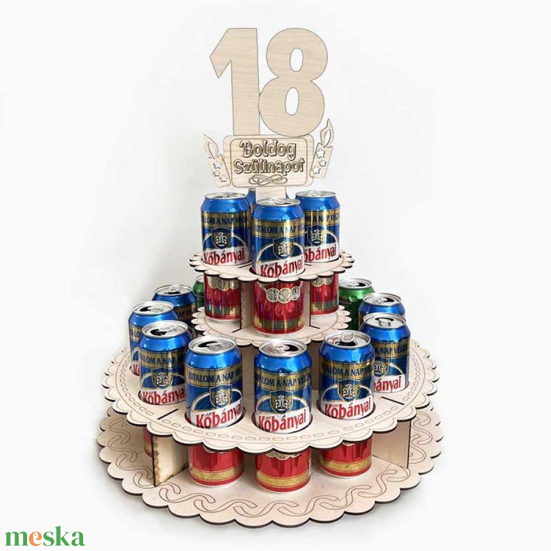 Sör Torta Fából Szülinapra - 18 Boldog Szülinapot feliratú topperrel - otthon & életmód - konyhafelszerelés, tálalás - italos kellékek - sörtartó - Meska.hu