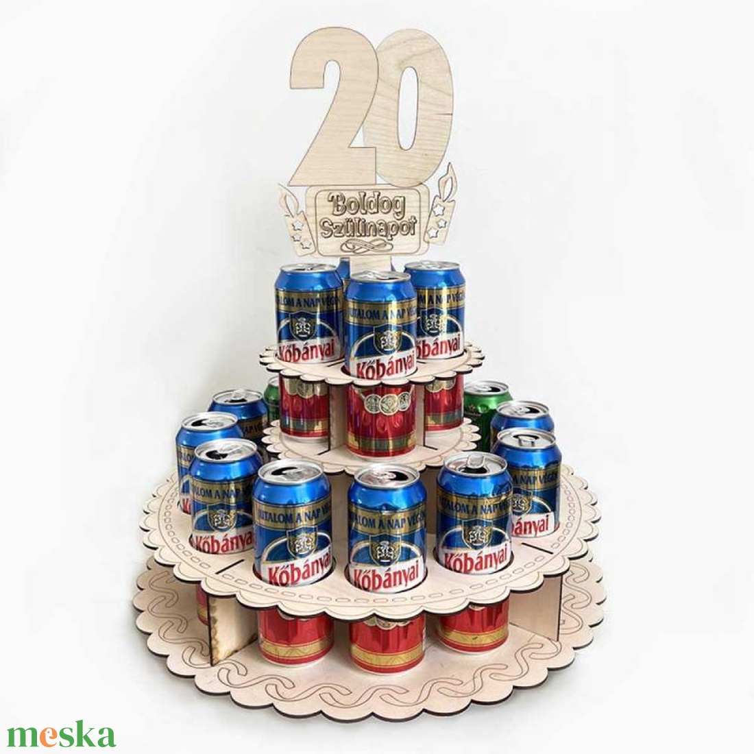 Sör Torta Fából Szülinapra - 20 Boldog Szülinapot feliratú topperrel - otthon & életmód - konyhafelszerelés, tálalás - italos kellékek - sörtartó - Meska.hu