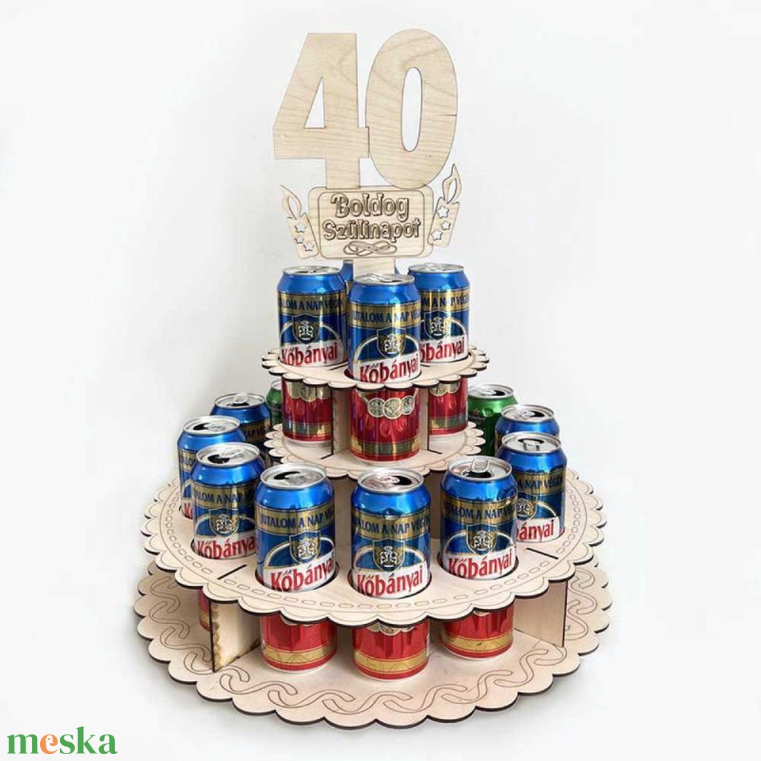 Sör Torta Fából Szülinapra - 40 Boldog Szülinapot feliratú topperrel  - otthon & életmód - konyhafelszerelés, tálalás - italos kellékek - sörtartó - Meska.hu