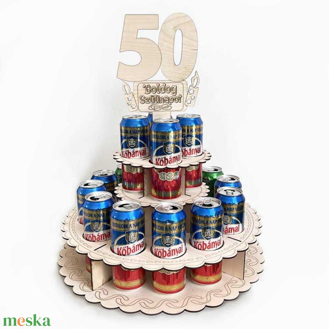 Sör Torta Fából Szülinapra - 50 Boldog Szülinapot feliratú topperrel  - otthon & életmód - konyhafelszerelés, tálalás - italos kellékek - sörtartó - Meska.hu