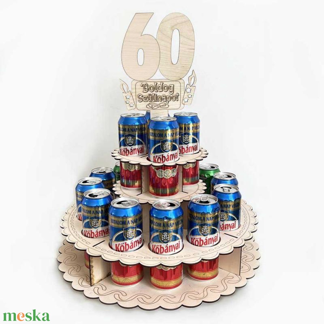 Sör Torta Fából Szülinapra - 60 Boldog Szülinapot feliratú topperrel  - otthon & életmód - konyhafelszerelés, tálalás - italos kellékek - sörtartó - Meska.hu