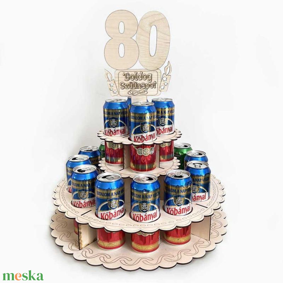 Sör Torta Fából Szülinapra - 80 Boldog Szülinapot feliratú topperrel  - otthon & életmód - konyhafelszerelés, tálalás - italos kellékek - sörtartó - Meska.hu