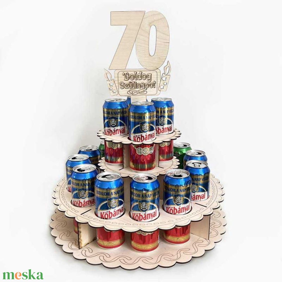 Sör Torta Fából Szülinapra - 70 Boldog Szülinapot feliratú topperrel - otthon & életmód - konyhafelszerelés, tálalás - italos kellékek - sörtartó - Meska.hu