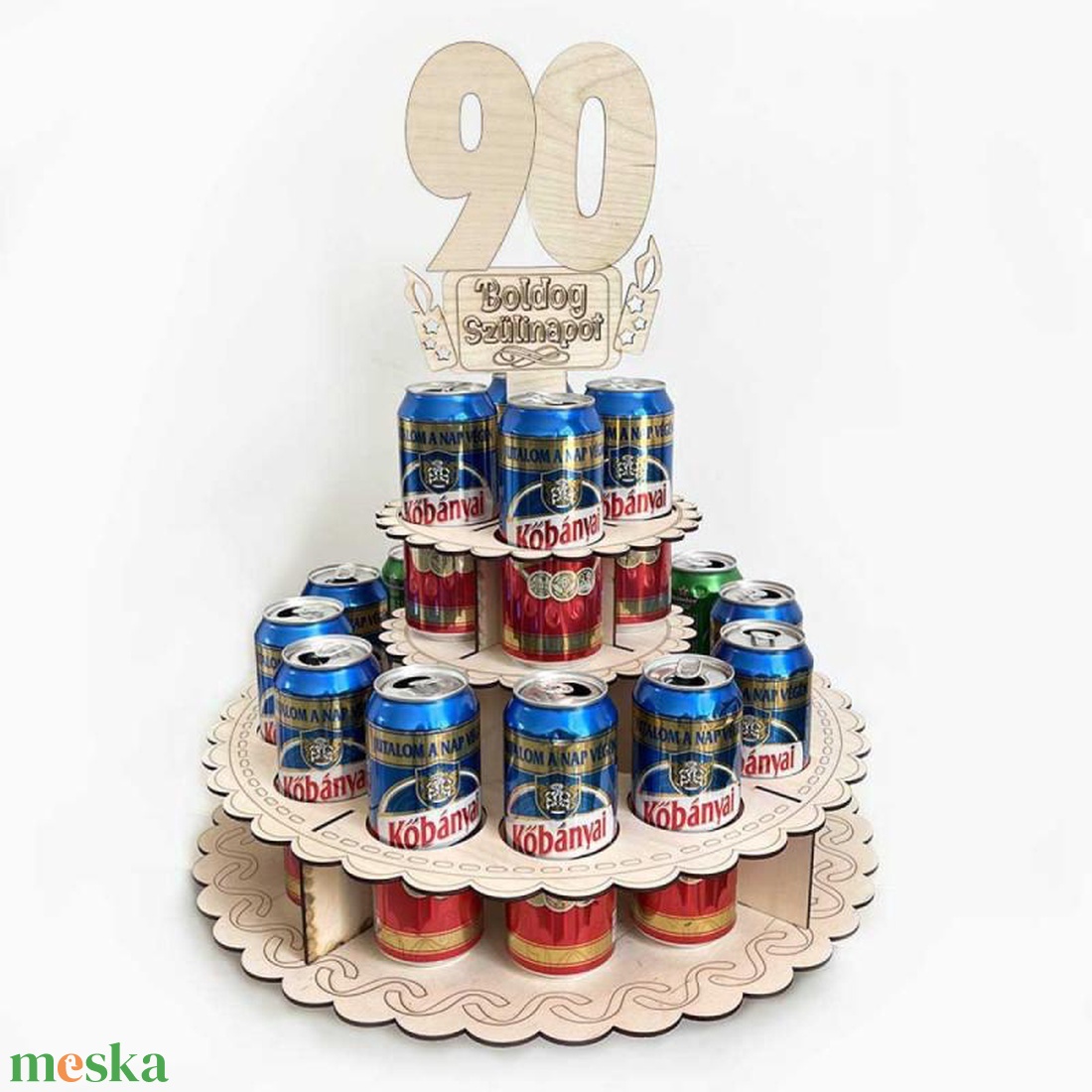 Sör Torta Fából Szülinapra - 90 Boldog Szülinapot feliratú topperrel  - otthon & életmód - konyhafelszerelés, tálalás - italos kellékek - sörtartó - Meska.hu