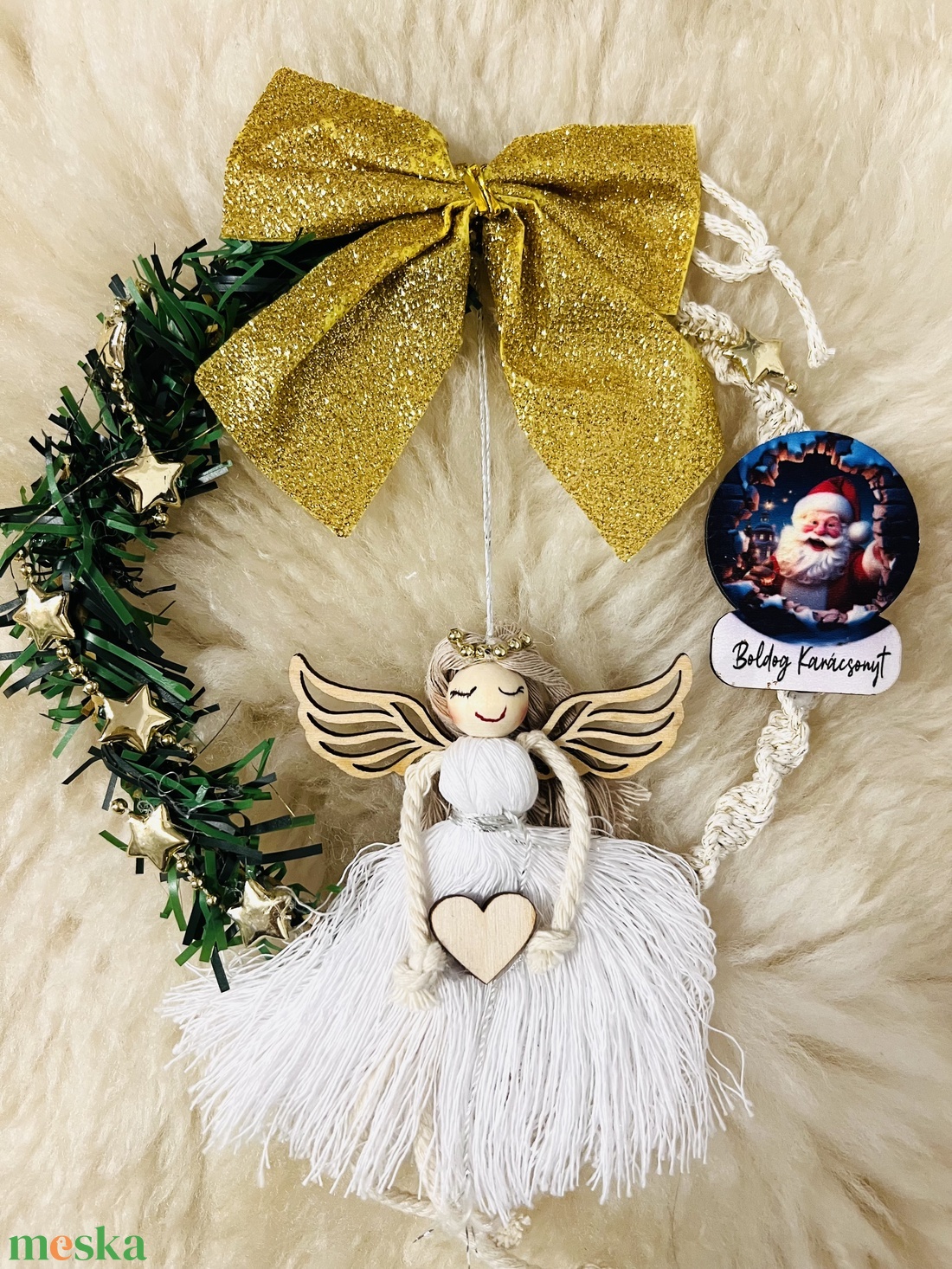 Makramé angyalka kopogtató - karácsony - karácsonyi lakásdekoráció - karácsonyi lakásdíszek - Meska.hu