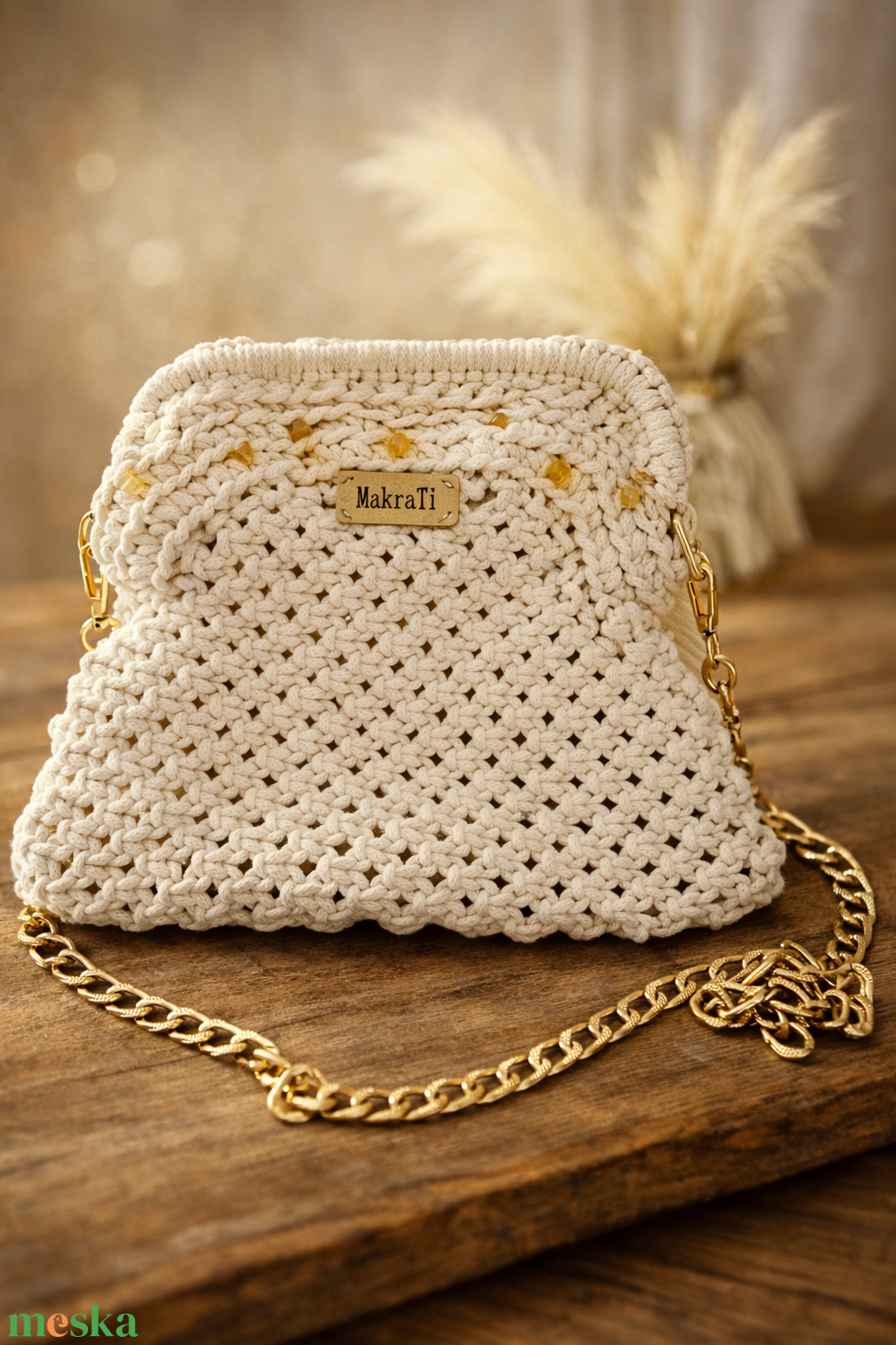 Makramé vállra akasztható táska citrin ásványgyöngyökkel � az elegancia és a bőség találkozása - táska & tok - kézitáska & válltáska - vállon átvethető táska - Meska.hu