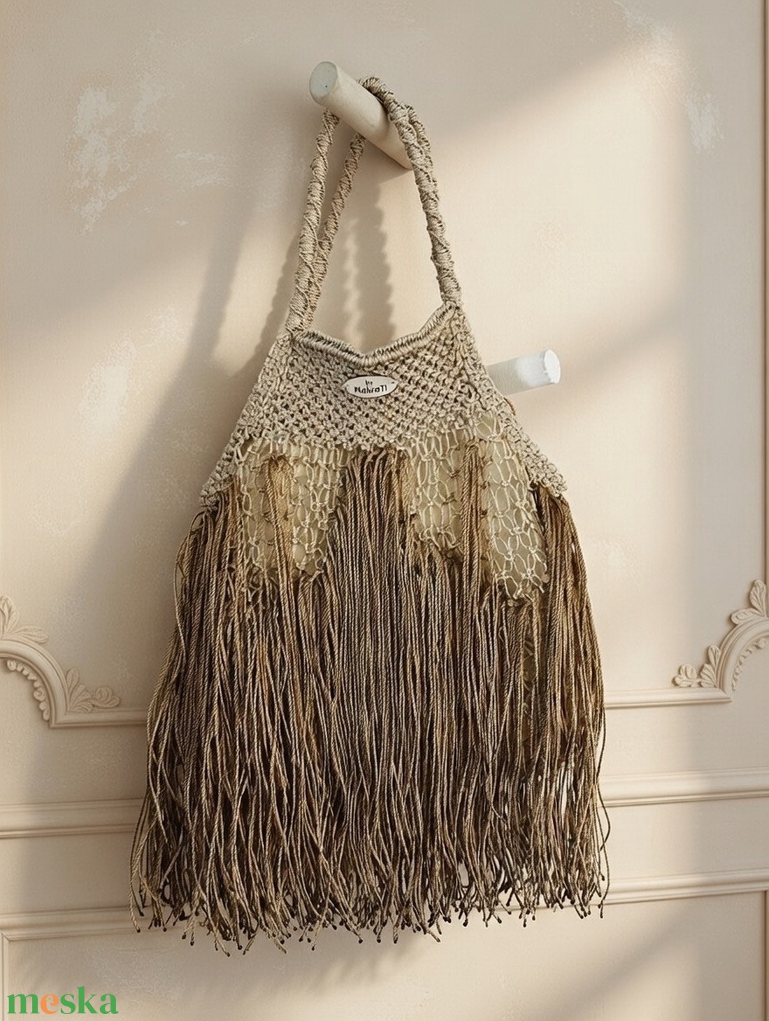 Krém�bézs rojtos makramé táska � bohém elegancia, kivehető belső zsákkal - táska & tok - kézitáska & válltáska - vállon átvethető táska - Meska.hu
