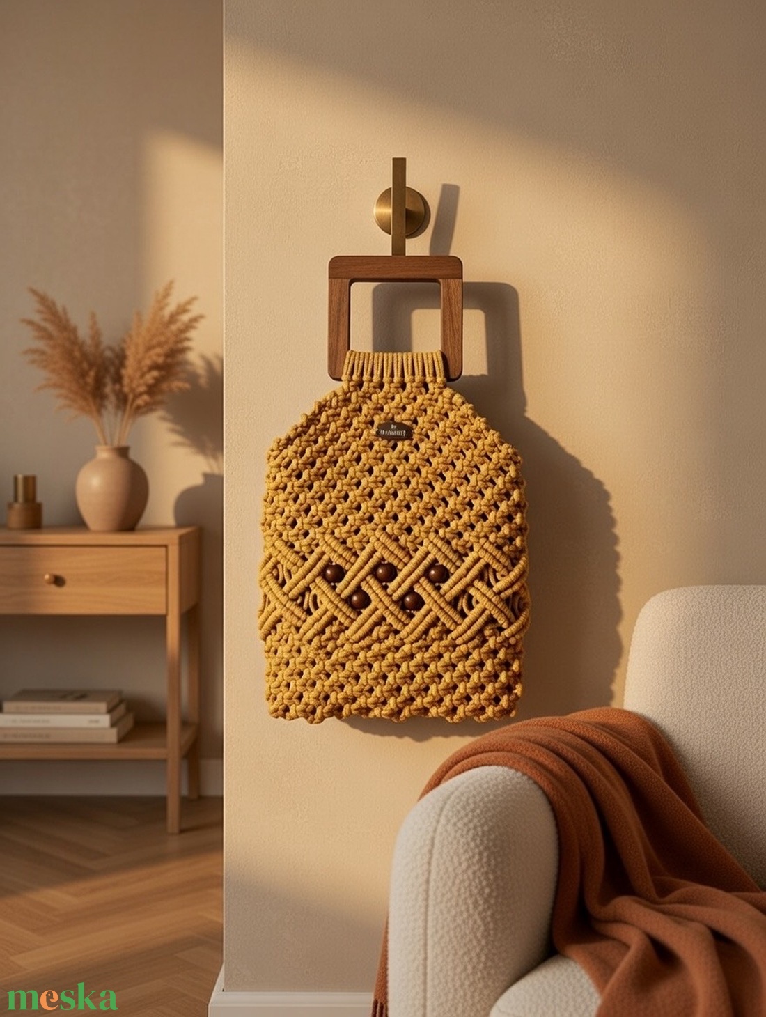 Makramé mustár színű táska - táska & tok - kézitáska & válltáska - vállon átvethető táska - Meska.hu