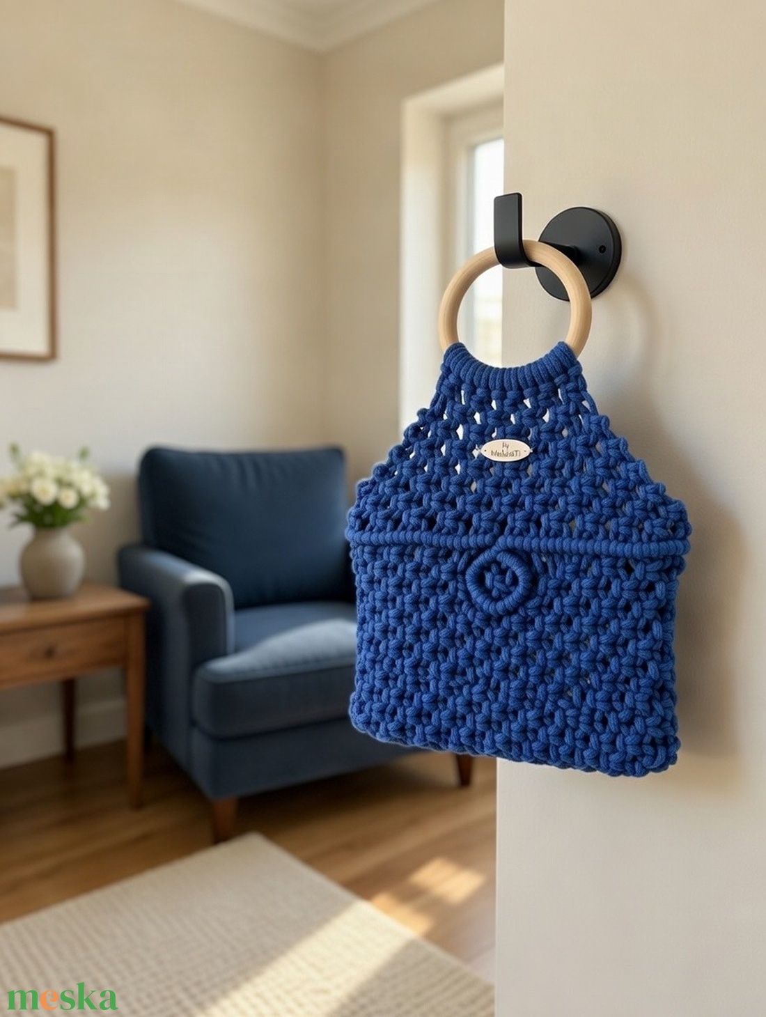 Makramé királykék  szinű táska - táska & tok - kézitáska & válltáska - vállon átvethető táska - Meska.hu