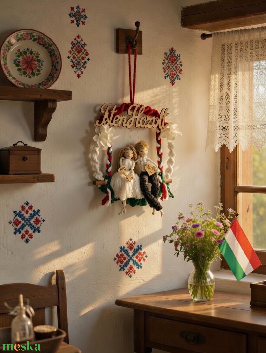 Magyar színekben készült makramé pár ajtódekoráció � Isten hozott kopogtató - otthon & életmód - dekoráció - fali és függő dekoráció - falra akasztható dekor - Meska.hu