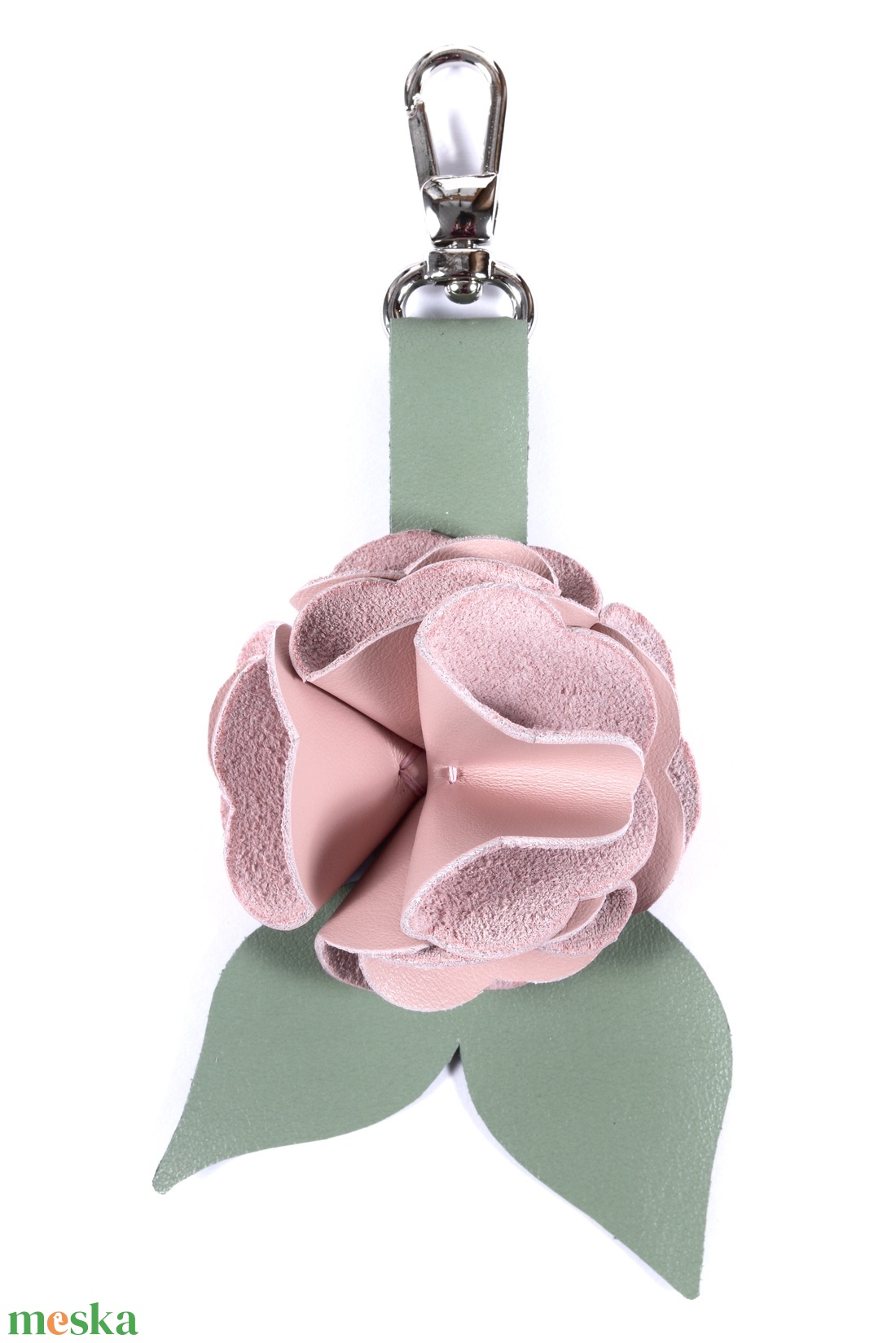 Rózsa kulcstartó bőrből (világos rózsa+sötét pasztell zöld) - táska & tok - kulcstartó & táskadísz - kulcstartó - Meska.hu