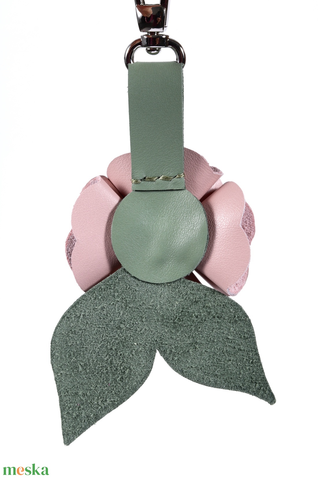 Rózsa kulcstartó bőrből (világos rózsa+sötét pasztell zöld) - táska & tok - kulcstartó & táskadísz - kulcstartó - Meska.hu