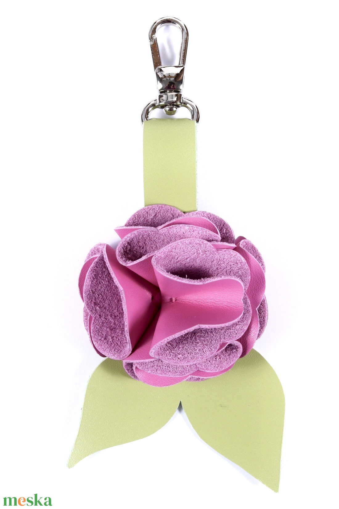Rózsa kulcstartó bőrből (rózsaszín+fűzöld) - táska & tok - kulcstartó & táskadísz - kulcstartó - Meska.hu