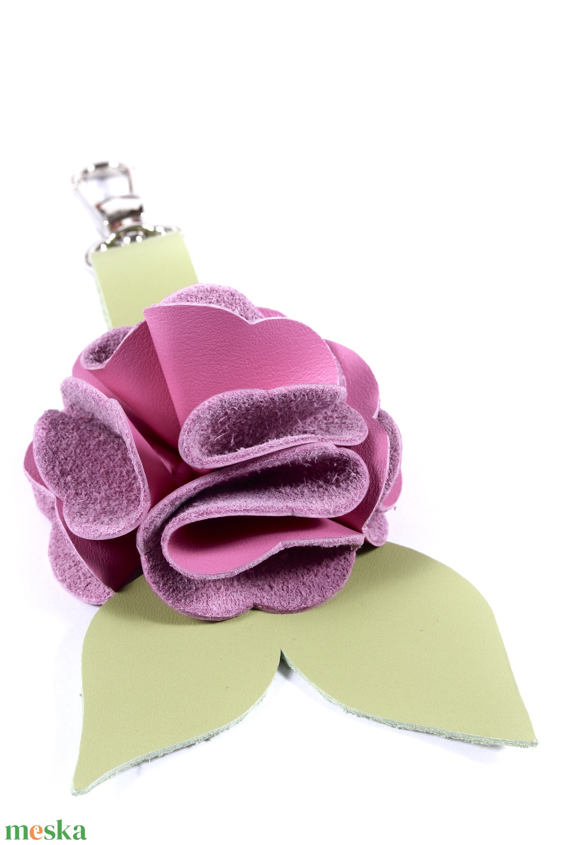 Rózsa kulcstartó bőrből (rózsaszín+fűzöld) - táska & tok - kulcstartó & táskadísz - kulcstartó - Meska.hu