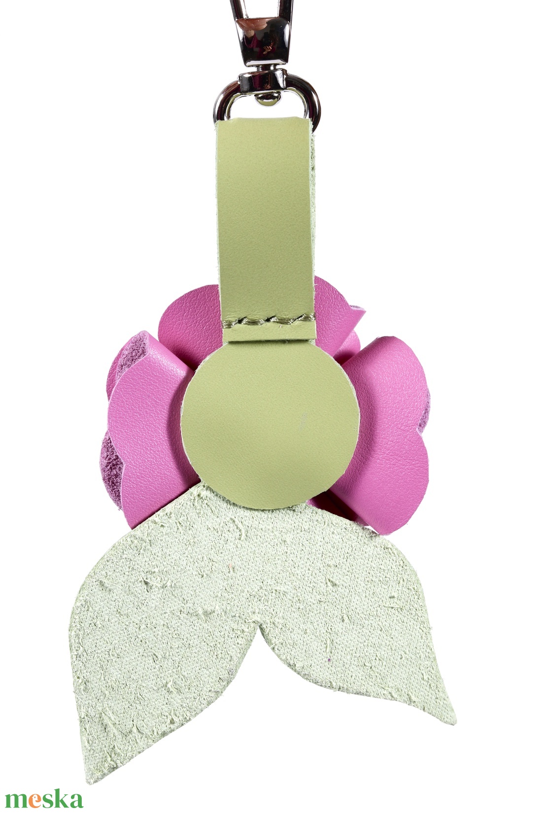 Rózsa kulcstartó bőrből (rózsaszín+fűzöld) - táska & tok - kulcstartó & táskadísz - kulcstartó - Meska.hu