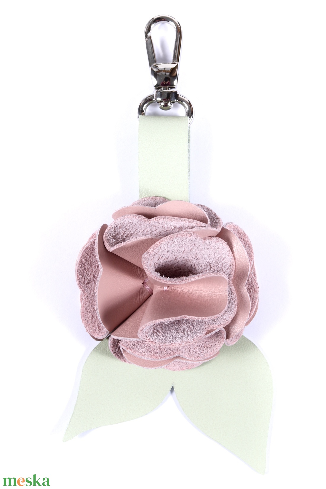 Rózsa kulcstartó bőrből (világos rózsa+világos pasztell zöld) - táska & tok - kulcstartó & táskadísz - kulcstartó - Meska.hu