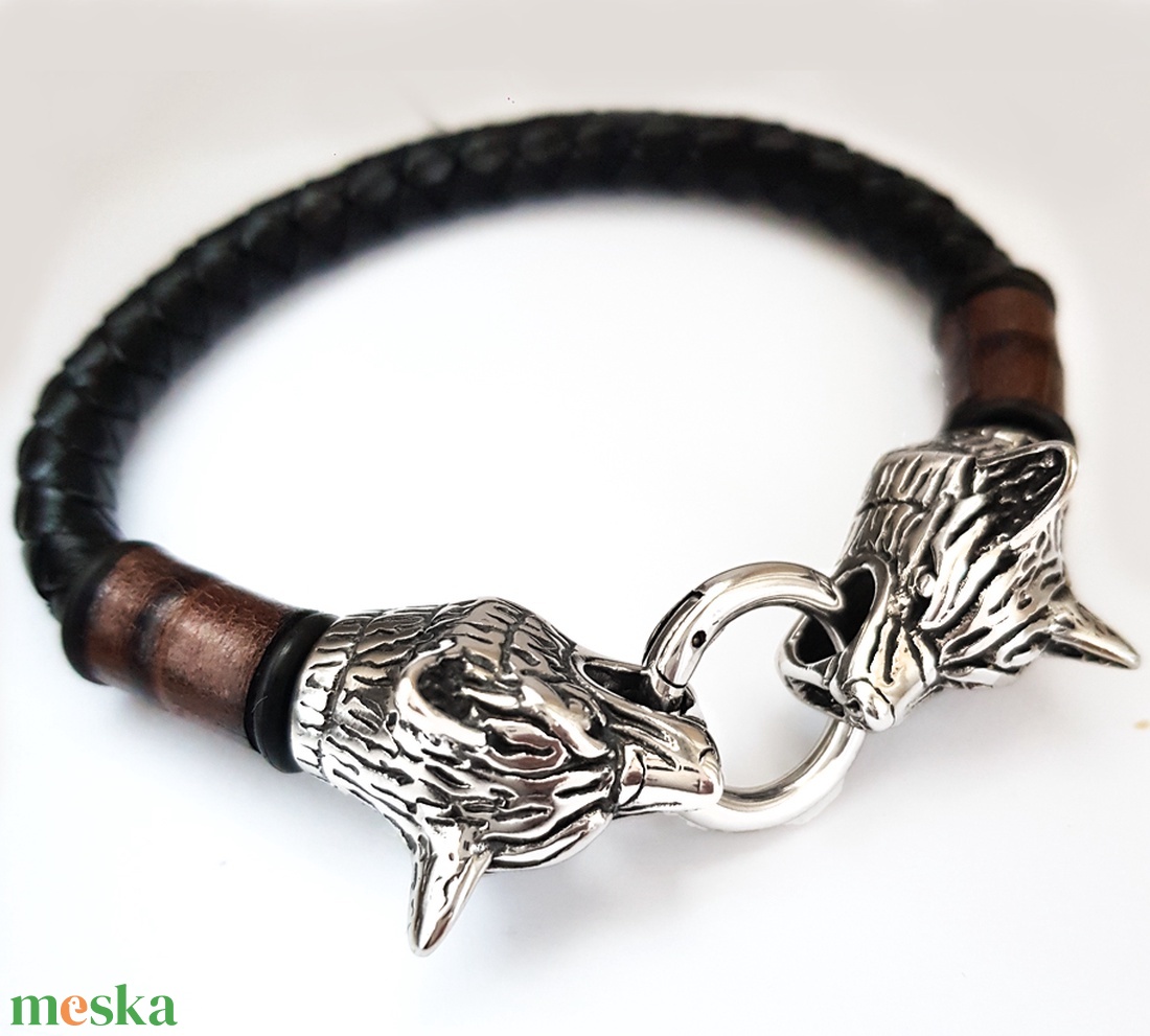 Farkasfej Mjölnir férfi bőr karkötő - ékszer - karkötő - karkötő medállal - Meska.hu